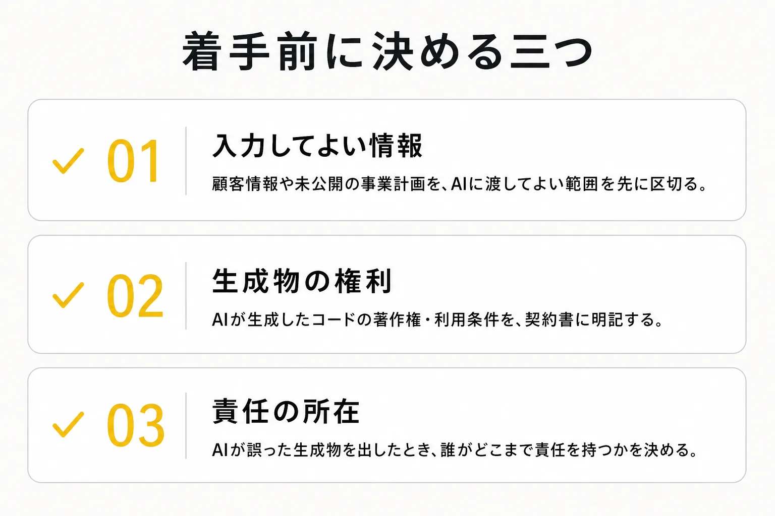 着手前に決める三つ。入力してよい情報・生成物の権利・責任の所在